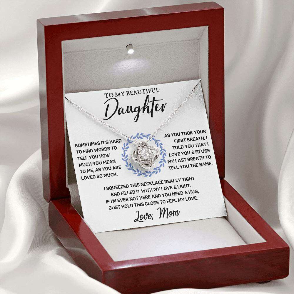 Give Love Gifts: Mom to Daughter - First Breath - Love Knot Gift Set: 14K White / Mahogany & LED Light