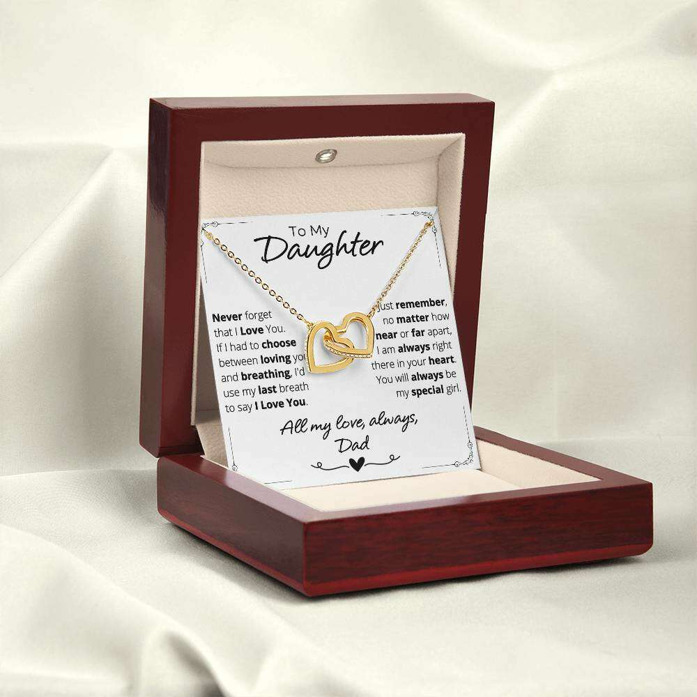 Give Love Gifts: Dad to Daughter - Last Breath - Interlocking Hearts Gift Set: 18K Yellow / Mahogany & LED Light