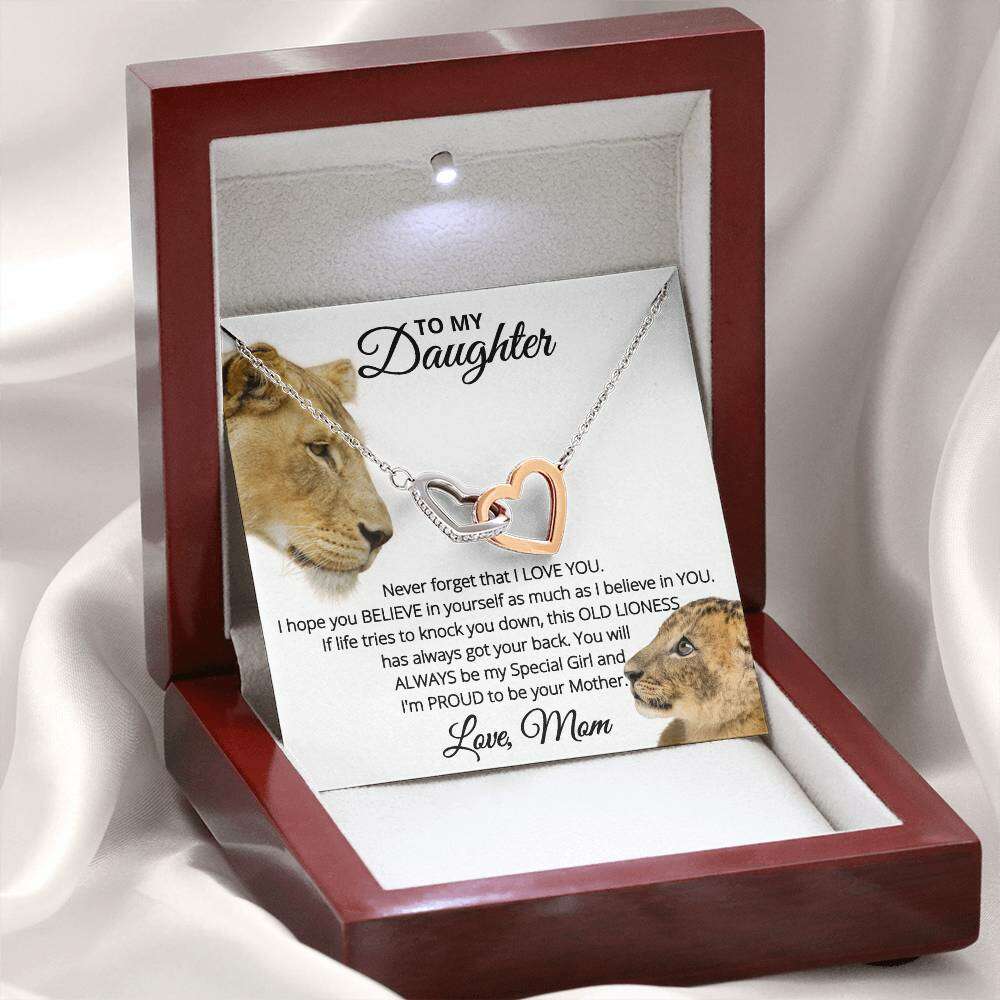 Give Love Gifts: Mom to Daughter - Proud - Interlocking Hearts Gift Set: Stainless & Rose / Mahogany & LED Light