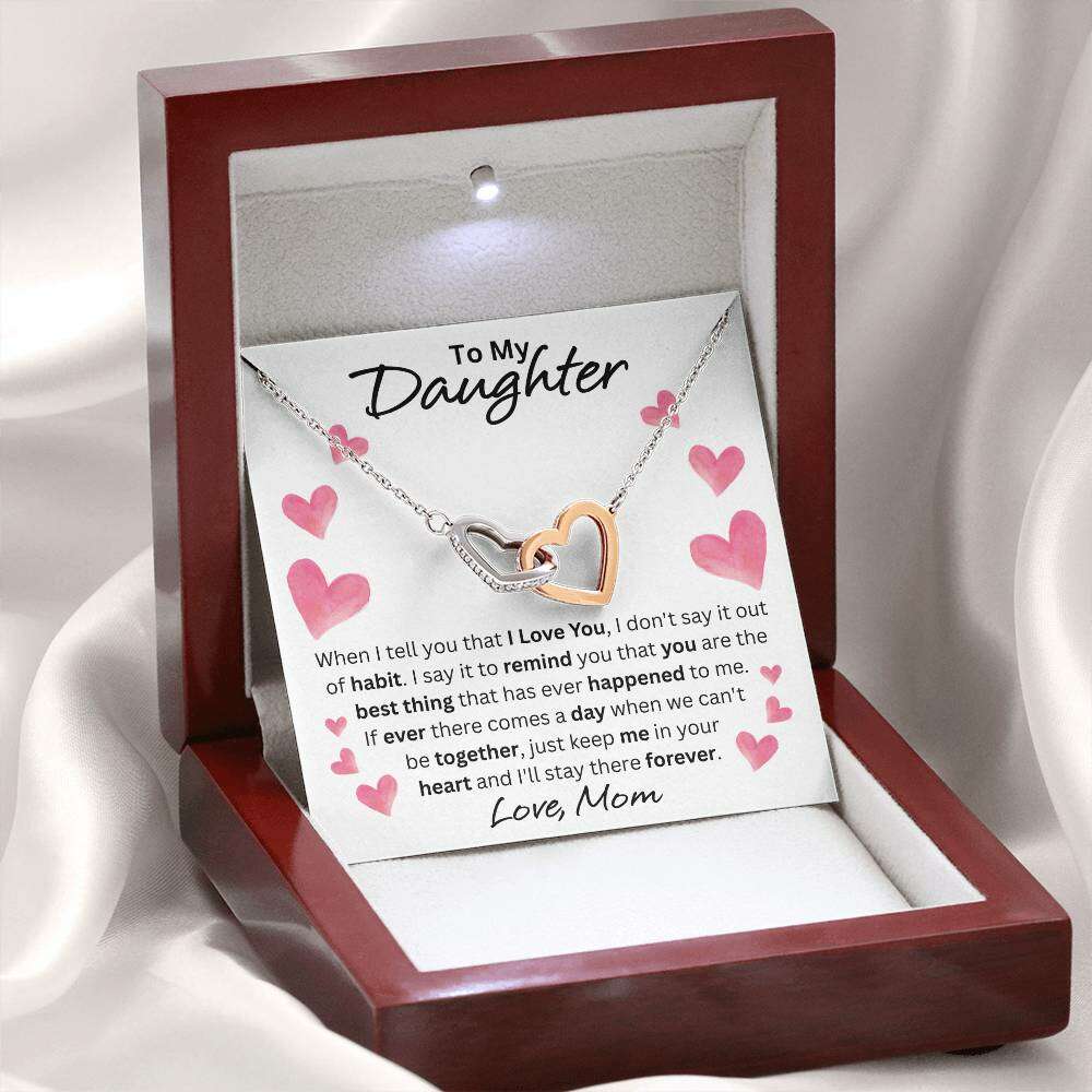 Give Love Gifts: Mom to Daughter - Forever - Interlocking Hearts Gift Set: Stainless & Rose / Mahogany & LED Light