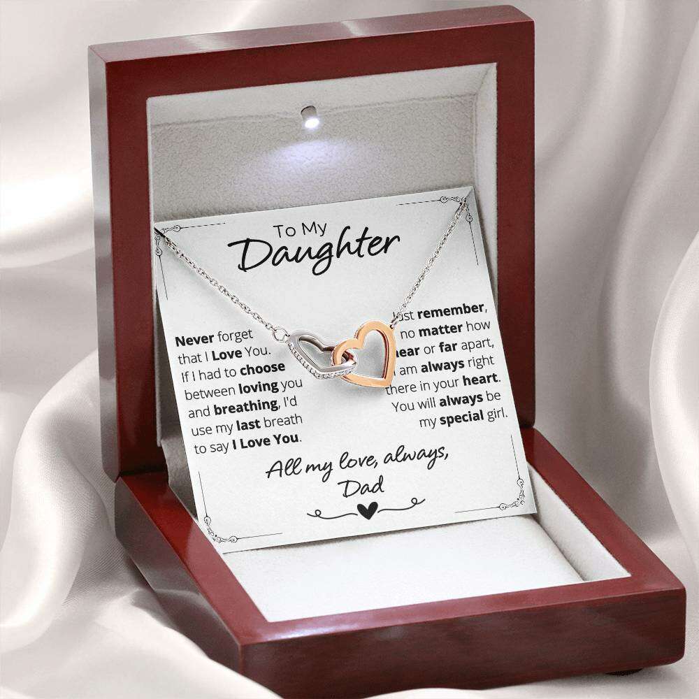 Give Love Gifts: Dad to Daughter - Last Breath - Interlocking Hearts Gift Set: Stainless & Rose / Mahogany & LED Light