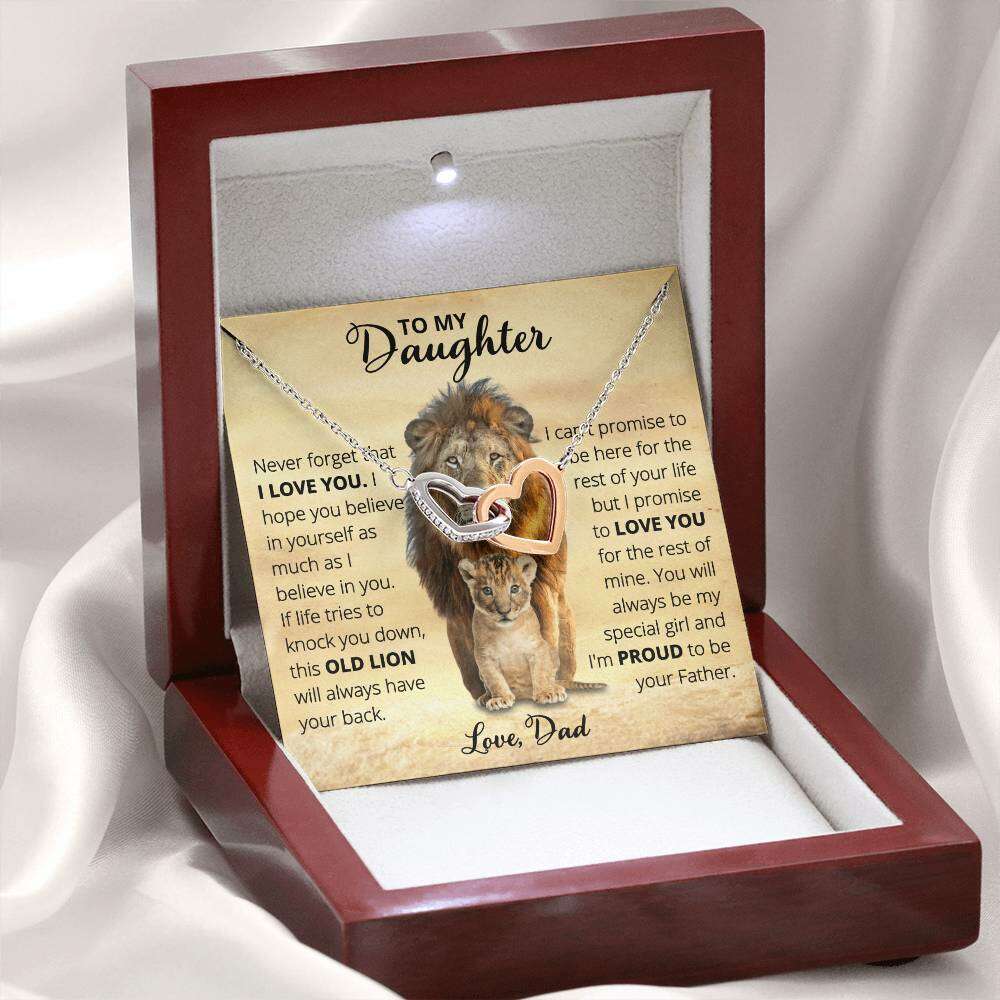 Give Love Gifts: Dad to Daughter - Old Lion - Interlocking Hearts Gift Set: Stainless & Rose / Mahogany & LED Light