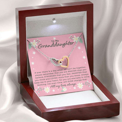 Give Love Gifts: Granddaughter - Remember - Interlocking Hearts Gift Set: Stainless & Rose / Mahogany & LED Light