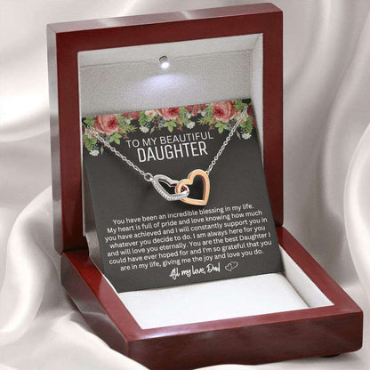 Give Love Gifts: Dad to Daughter - Blessing - Interlocking Hearts Gift Set: Stainless & Rose / Mahogany & LED Light