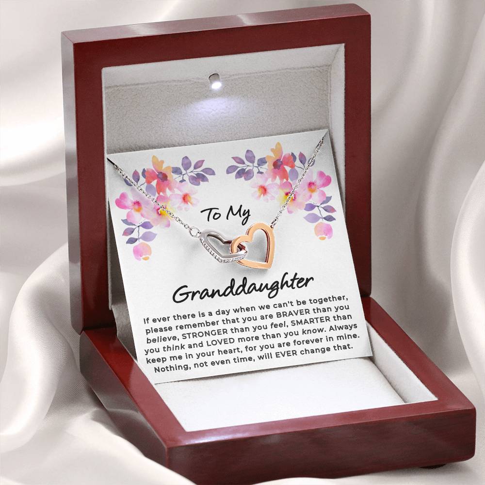 Give Love Gifts: Granddaughter - Loved - Interlocking Hearts Gift Set: Stainless & Rose / Mahogany & LED Light