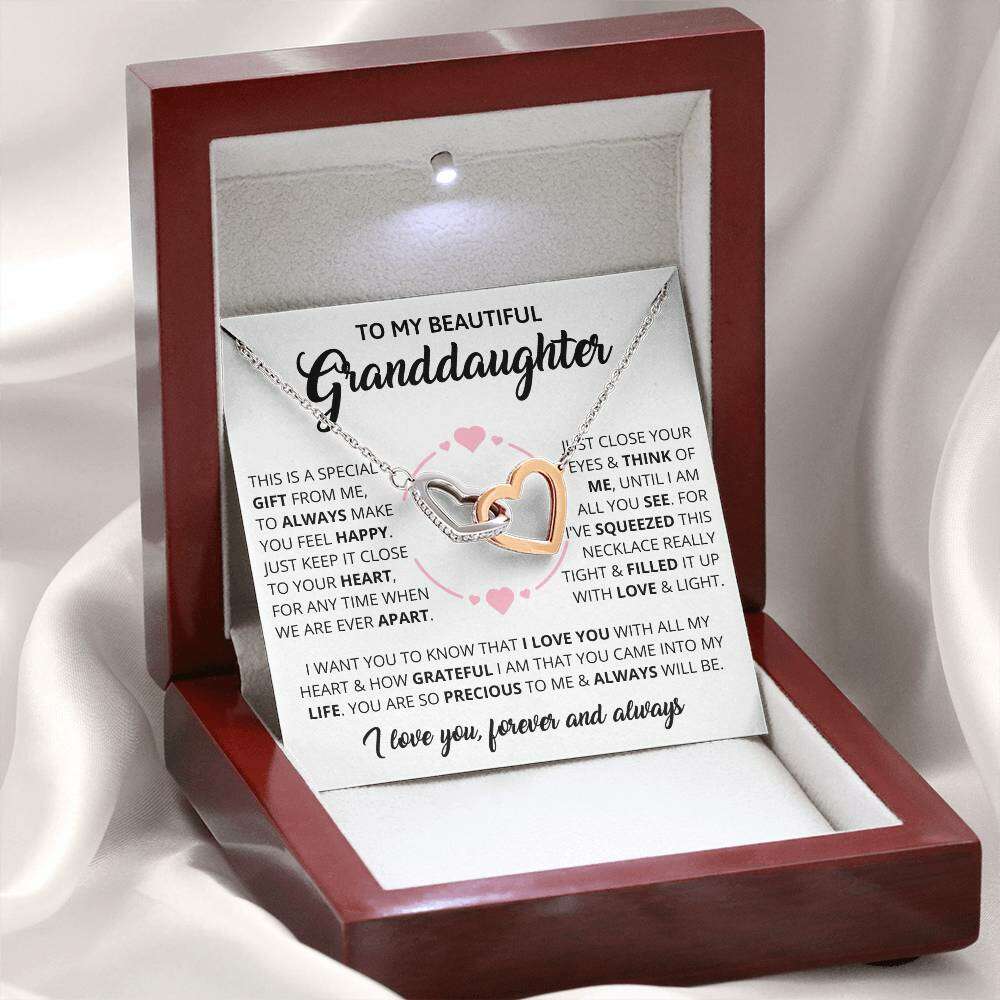 Give Love Gifts: Granddaughter - Forever - Interlocking Hearts Gift Set: Stainless & Rose / Mahogany & LED Light