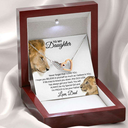 Give Love Gifts: Dad to Daughter - Proud - Interlocking Hearts Gift Set: Stainless & Rose / Mahogany & LED Light